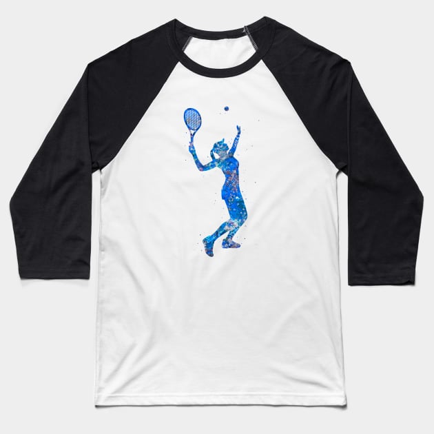 Tennis player girl blue art Baseball T-Shirt by Yahya Art